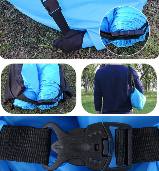 Надувной диван (Ламзак) XL дл. 215х80см, с двумя кармашками / Надувной шезлонг-лежак с сумкой и карманами